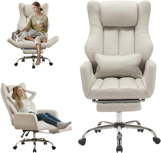 Ergonomic Cross Legged Office Chair with Footrest,Leather Big and Tall Executive Chair with Wheels,Reversible Armrest and Lumbar Pillow,135° Reclining Computer Wide Desk Chair for Home,Office (Beige)