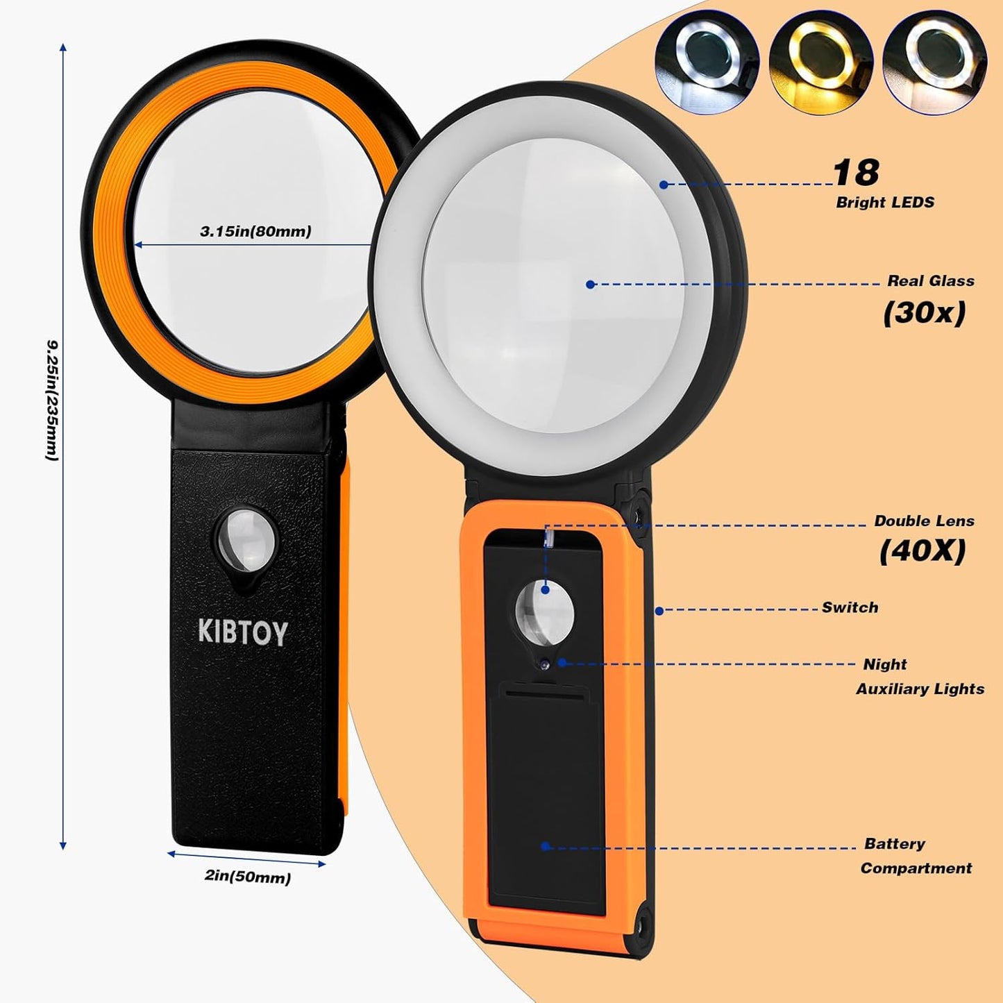 30X 10X Magnifying Glass with Light and Stand, Foldable Handheld Magnifying Glass 18 LED Illuminated Lighted Magnifier for Macular Degeneration, Seniors Reading, Close Work, Coins, Jewelry