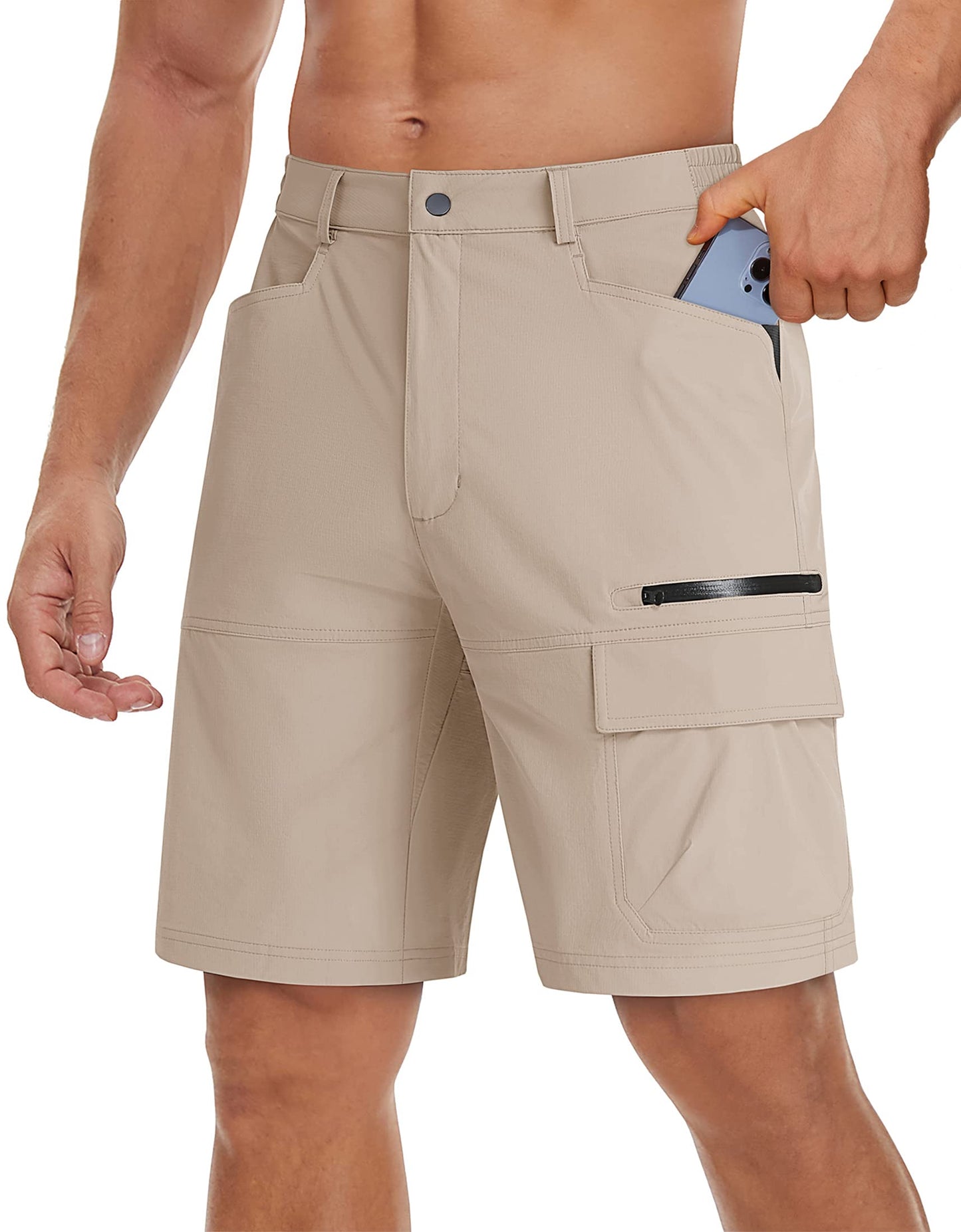 TACVASEN Mens Casual Shorts 10" Hiking Travel Shorts Lightweight Quick Dry Summer Golf Dress Fishing Travel Zipper Pockets Light Khaki 32