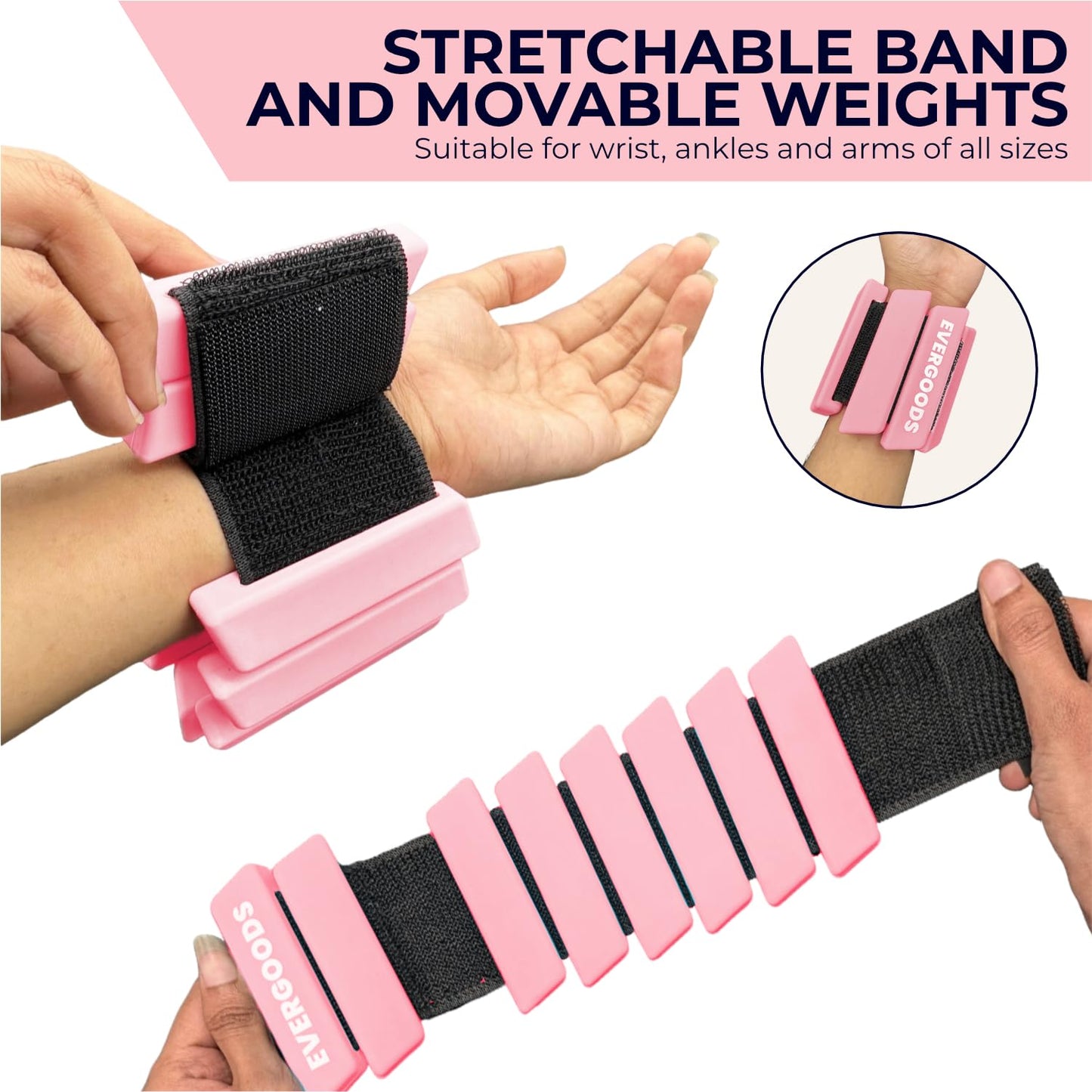 Evergoods Wrist and Ankle Weights for Women and Men, Set of 2 (1lb Each) Wrist Weights with Sweatband, Adjustable Strap Leg Weights Perfect for Yoga, Pilates, Dance, Pool Workouts, and Jogging (Light Pink)