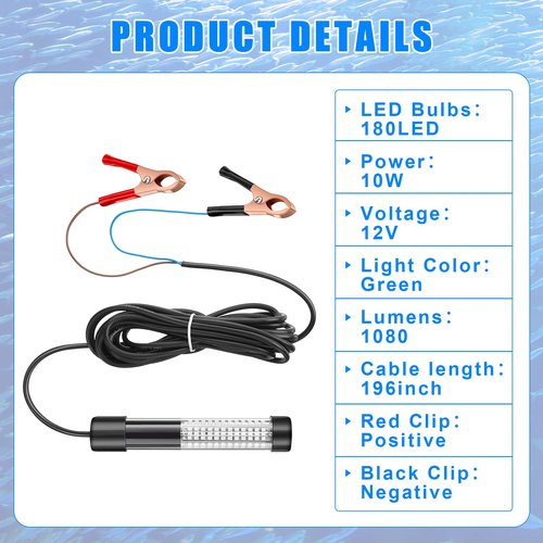 2 Pcs 12V 10W Green Underwater Fishing Light Submersible Lure Bait Light LED Fishing Attracting Light Night Green Glow Fishing Finder Lamp for Pool Boat Sea Ice Fishing Crappie Squid Shad Shrimp