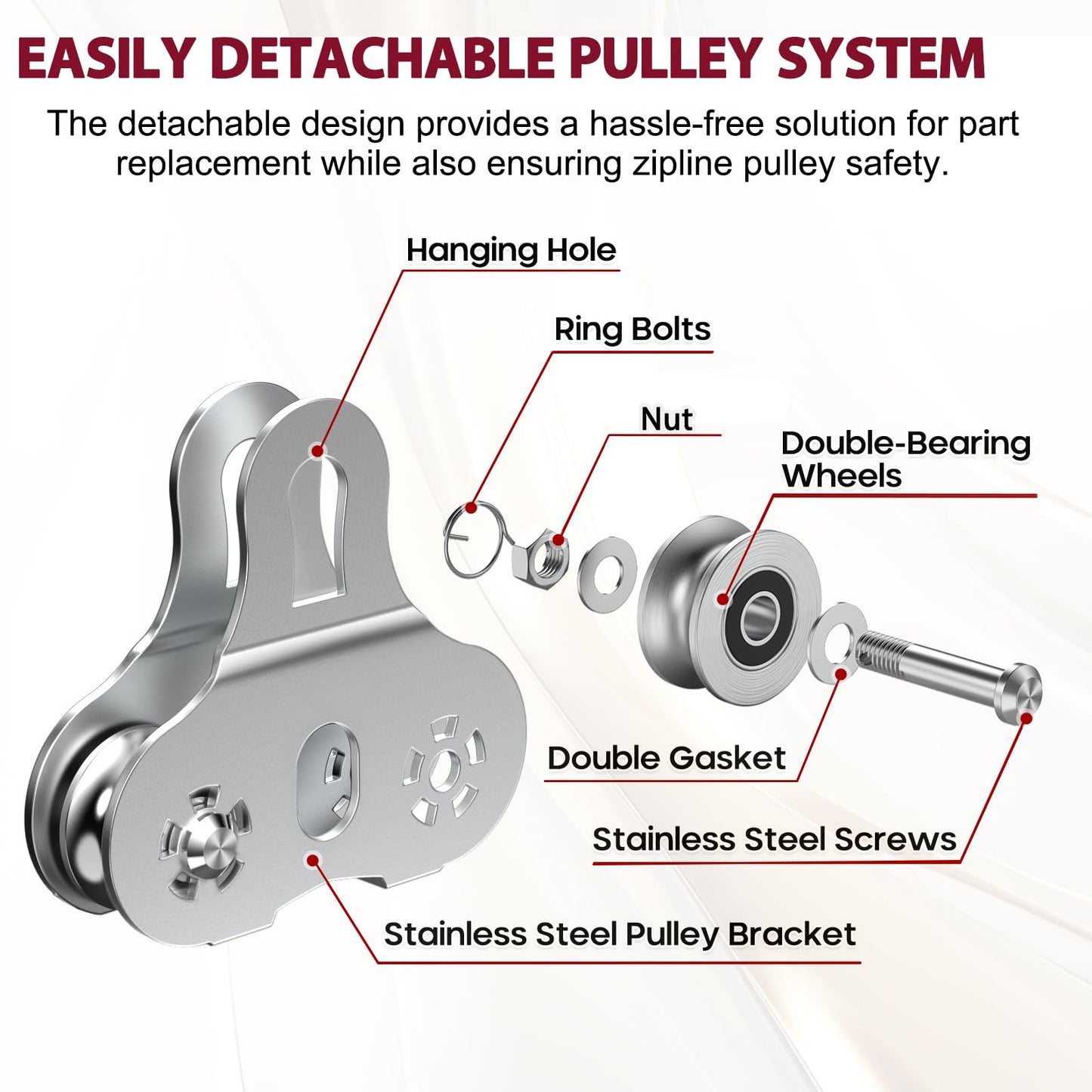 Fologtoo Zipline Pulley, Heavy Duty 304 Stainless Steel Zipline Trolley with Handle for 1/4" to 3/8" Cable, Tandem Speed Double Pulley for Backyard Zip Line, Hauling, Rigging and Commercial Purposes