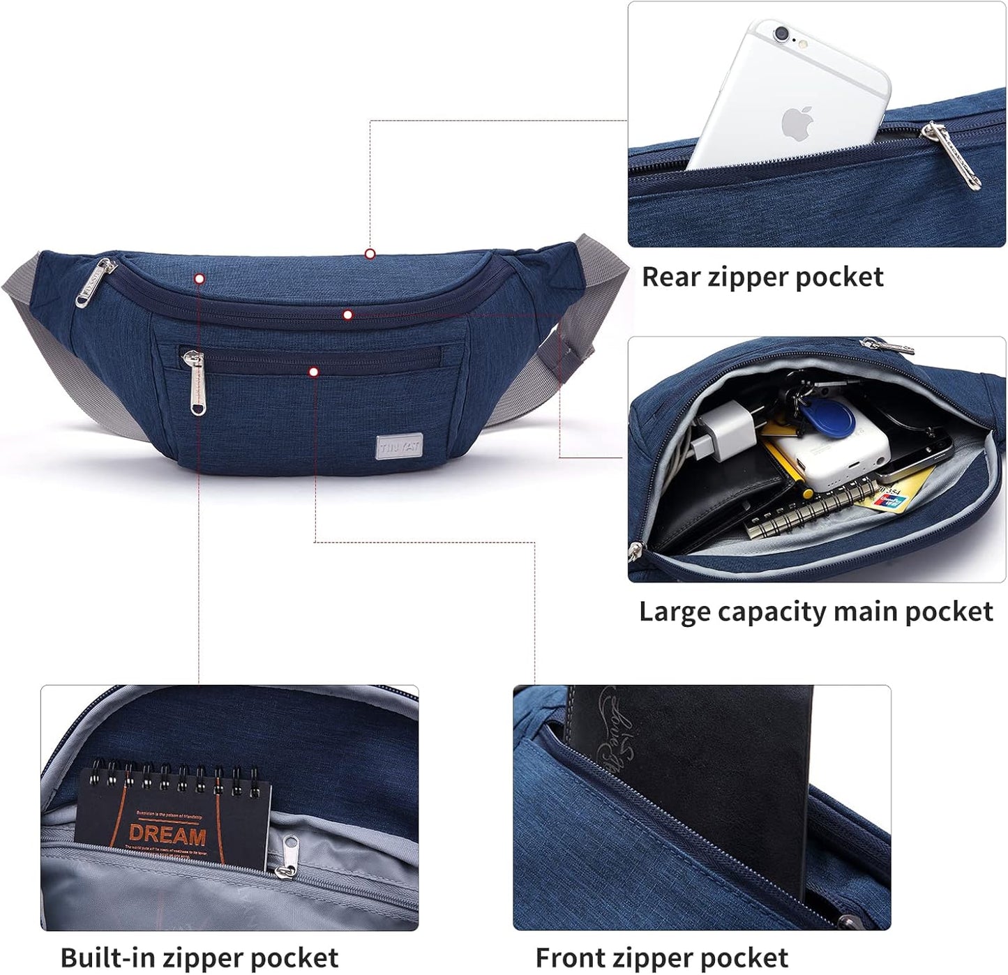 TINYAT Large Fanny Pack Travel Waist Bag Lightweight for Men&Women with Adjustable Strap T206 Blue