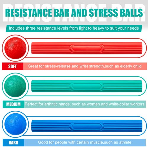 Silipull 3 Pcs Twist Hand Exerciser Bars With 3 Hand Exercise Balls Fitness Resistance Bars for Physical Therapy Flexible Elbow Stress Balls Relieve Tendonitis Pain and Improve Grip Strength