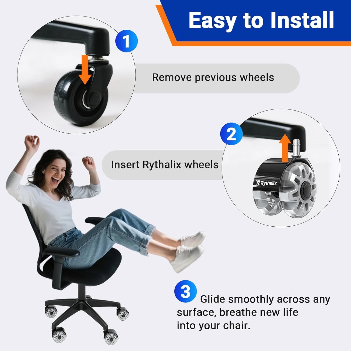 3" Office Chair Wheels Set of 5 - Desk Chair Caster Wheels, Smooth & Quiet, Universal Fit for Most Office/Desk/Gaming Chairs, Safe on Carpets & Hardwood Floors
