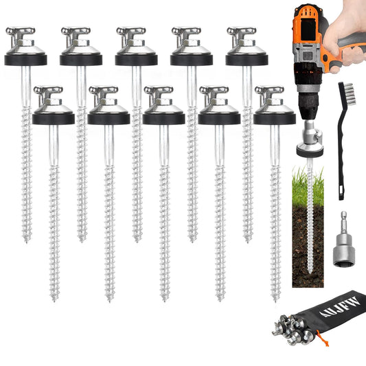 10 Pcs 6.2" Hex Pegs Stakes Drillable Tent Stakes, Drillable Threaded Long Hook Top Packs Tent Stakes for Grassland Garden Tents Canopies Awnings Camping Travel (Hex Tool and Storage Bag)