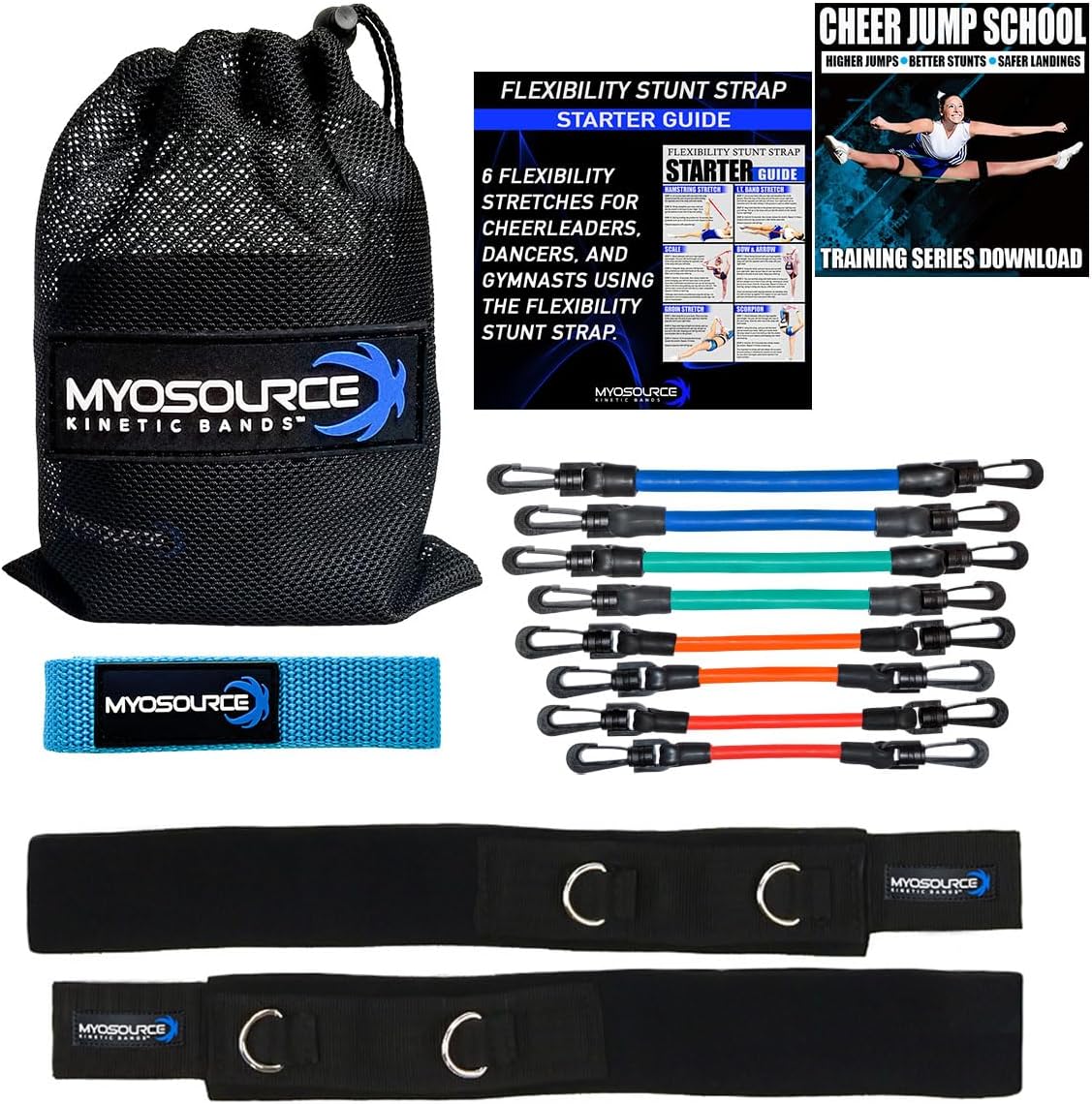 Cheer Kinetic Bands Cheerleader Flexibility and Strength Training | Improve Jumps, Stunts, Landings | 4-Level Leg Resistance Bands & 12 Stunt Strap Color Options, Digital Training Downloads