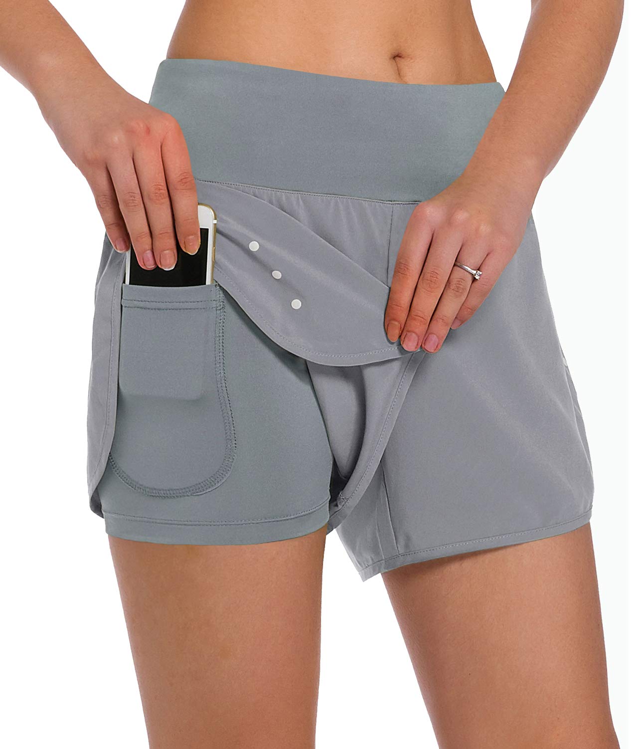 Ksmien Women's 2 in 1 Running Shorts - Lightweight Athletic Workout Gym Yoga Shorts Liner with Phone Pockets