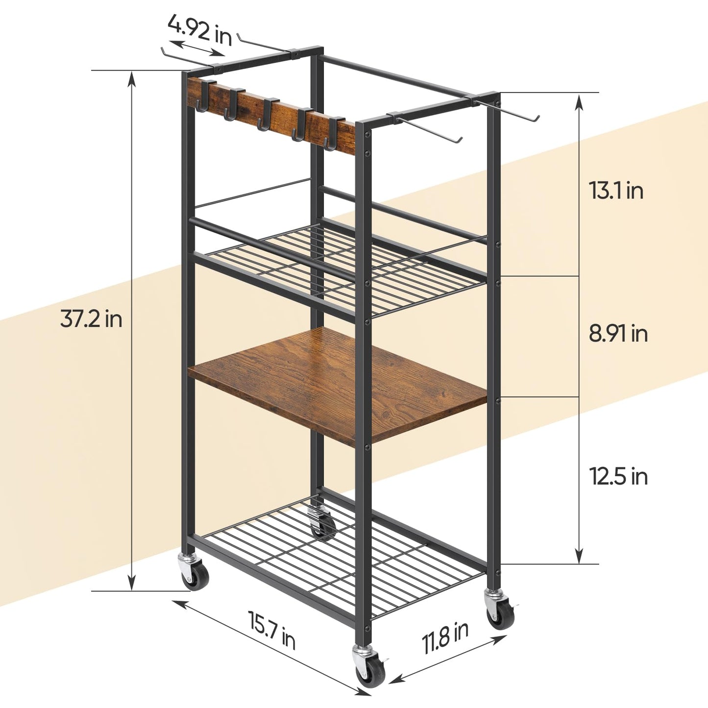 Home Gym Storage Rack, Yoga Mat Storage Racks, Workout Equipment Storage Organizer for Dumbbell Kettlebells, Exercise Shelf with Hooks and Wheels(Rustic Brown)