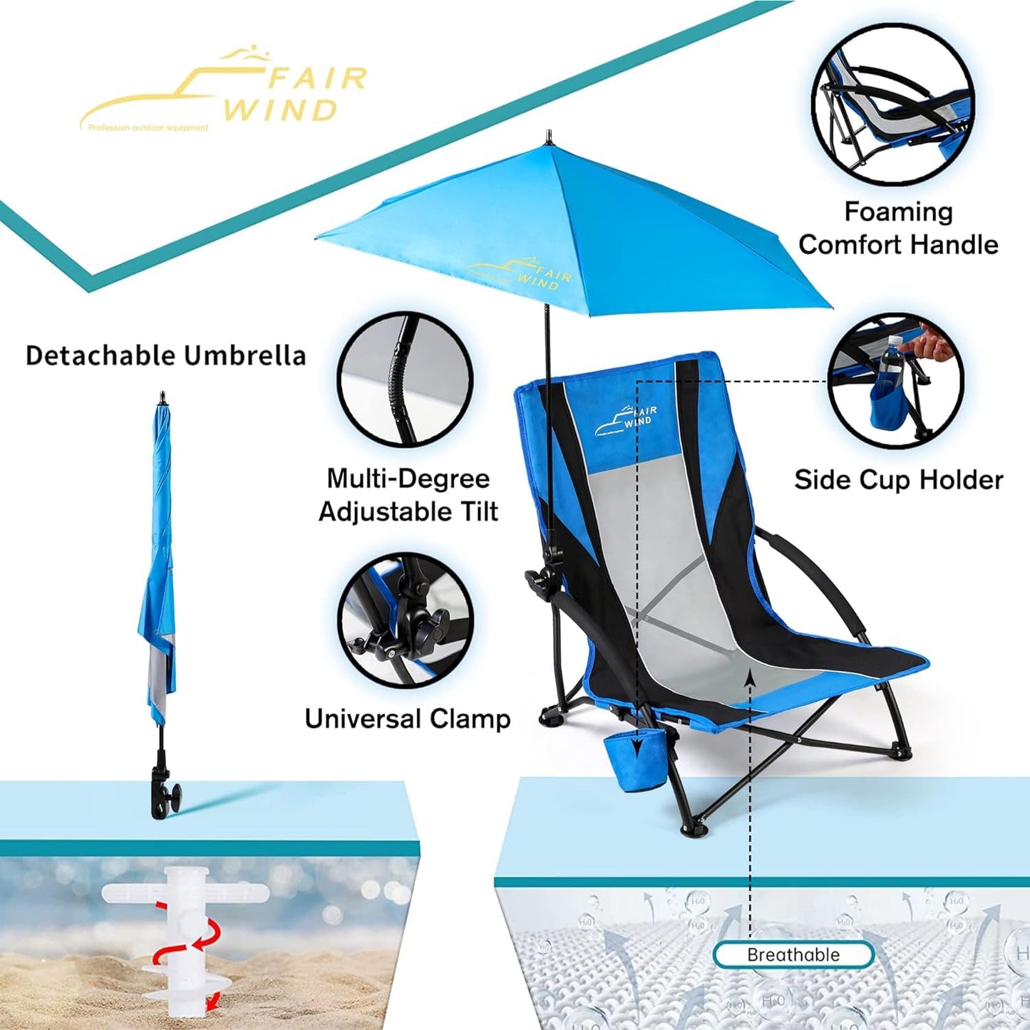 FAIR WIND 1 Pack Beach Chair with Umbrella for Adults Shade Chair Folding Backpack Portable Concert Bag Sand Chair with Cup Holder - Navy Blue with Black