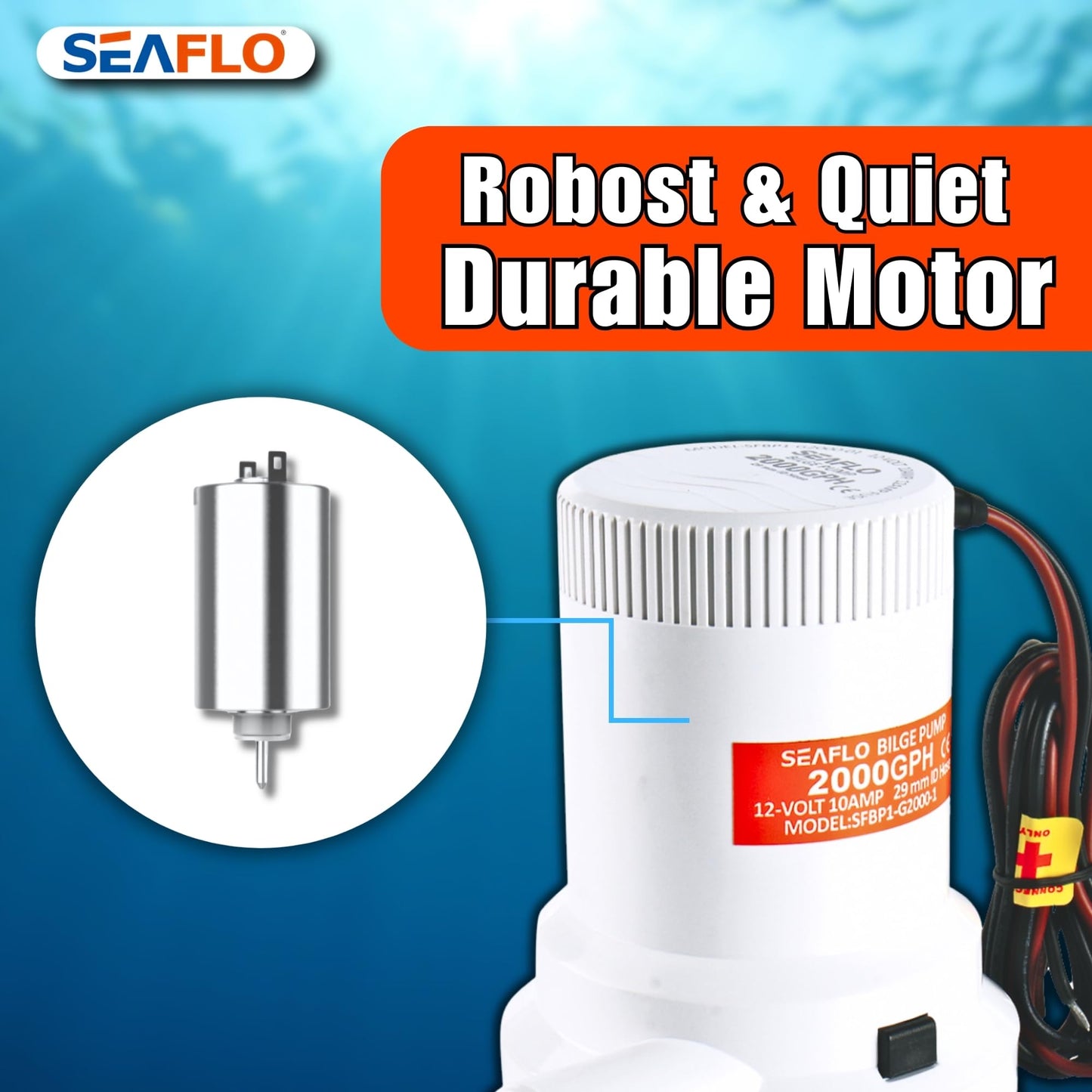 SEAFLO 01 Series 2000 GPH Bilge Pump – 12V, 1-1/8" Outlet, Marine Submersible Pump with Anti-Airlock Protection, CE & Rohs Certified, 4-Year Warranty | Reliable for Boats and Marine Applications