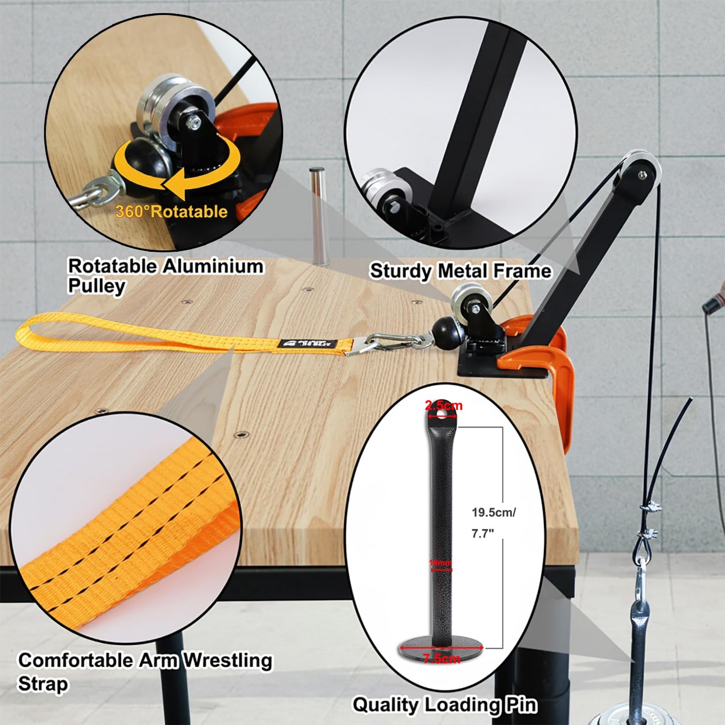 Arm Wrestling Pulley Training System Kit for Table - Professional Forearm & Wrist Strengthener with Aluminum Rotating Pulleys, Adj. 1.5m Cable, Loading Pin, Training Strap for Home Gym
