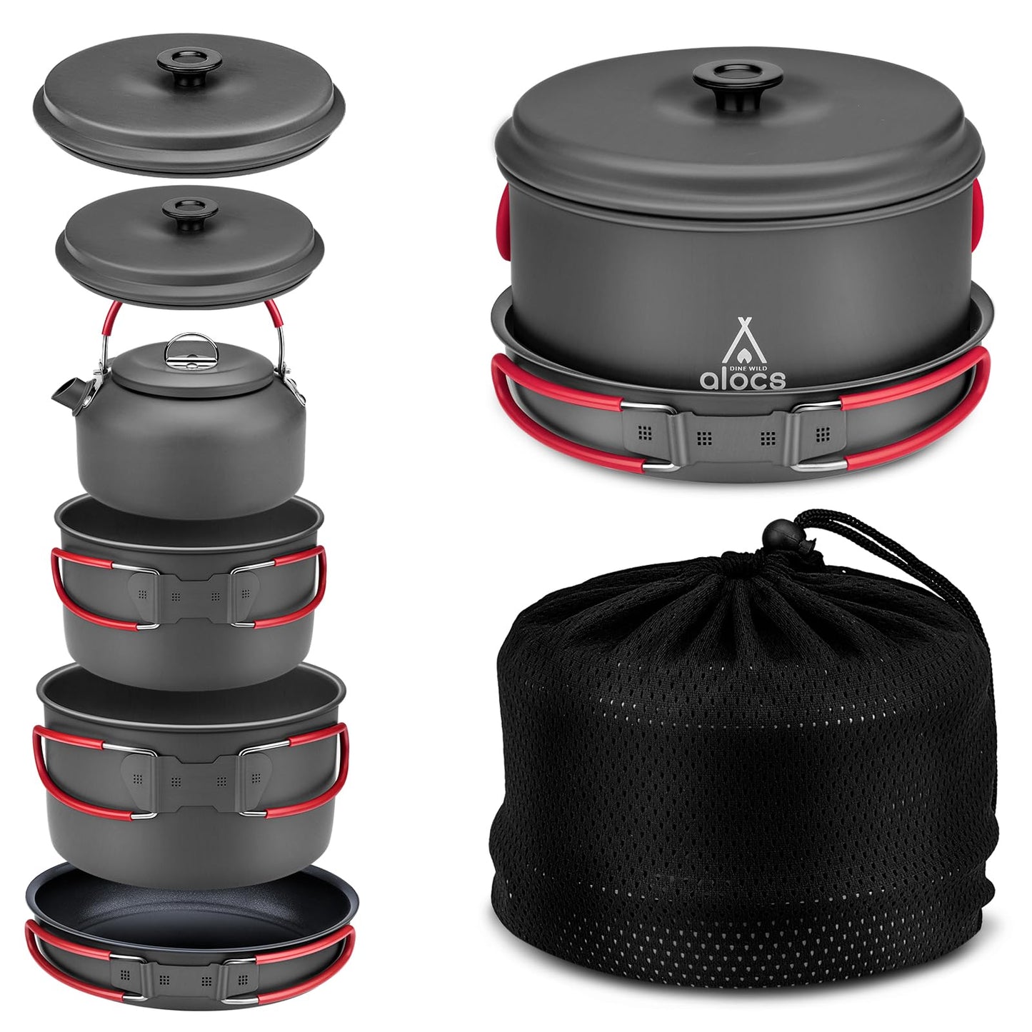 Alocs Camping Cookware Set Gear, Compact Camping Pots and Pans Set, Durable Hard Alumina Cooking Set for Outdoor Backpacking Hiking Picnic, Included Mesh Carry Bag.