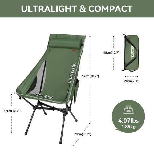 TOBTOS Portable High Back Camping Chair, Support Heavy Duty 440 lbs, Compact Folding Chair with Detachable Pillow for Camp, Hiking, Backpacking (Green)