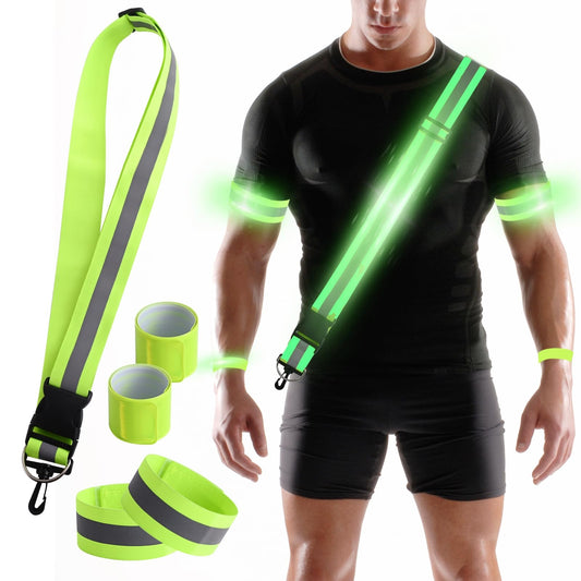 Jaxbo 5 Pcs Reflective Running Gear, High Visibility Reflective Sash for Walking at Night，Reflective Vest with Reflective Armbands,Perfect for Men, Women and Kids Walking Running Cycling