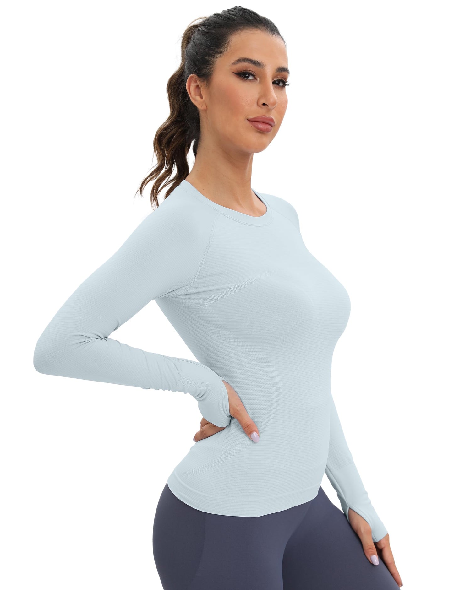 MathCat Workout Shirts for Women Long-Sleeved Athletic Shirt Running Breathable Seamless Yoga Tops Light Blue