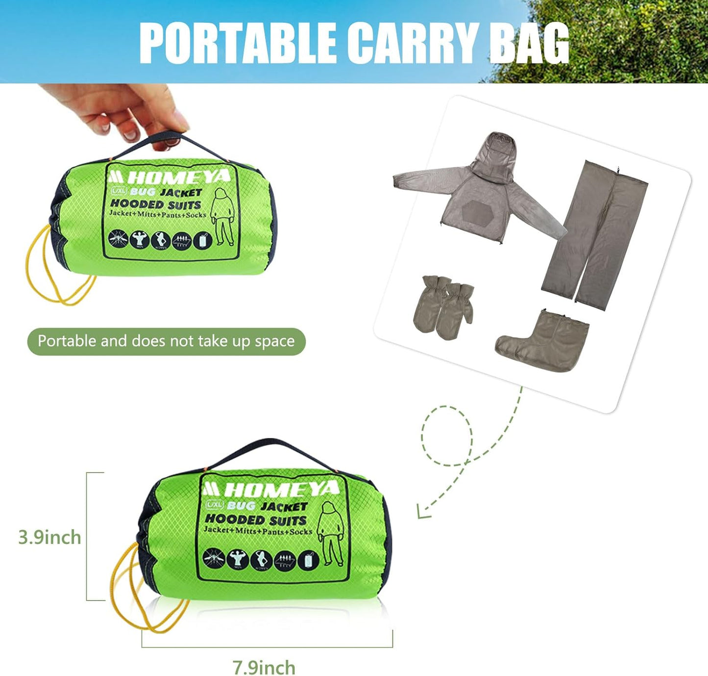 HOMEYA Bug Jacket L/XL, Anti Mosquito Netting Suit with Zipper on Hood Ultra-fine Mesh Pants Mitt Socks with Free Carry Pouch for Protecting Hunting Fishing Men Women