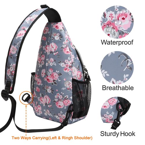 MOSISO Crossbody Sling Backpack, Travel Hiking Daypack Floral Chest Sling Bag Daypack, Peony Bouquet, Grey