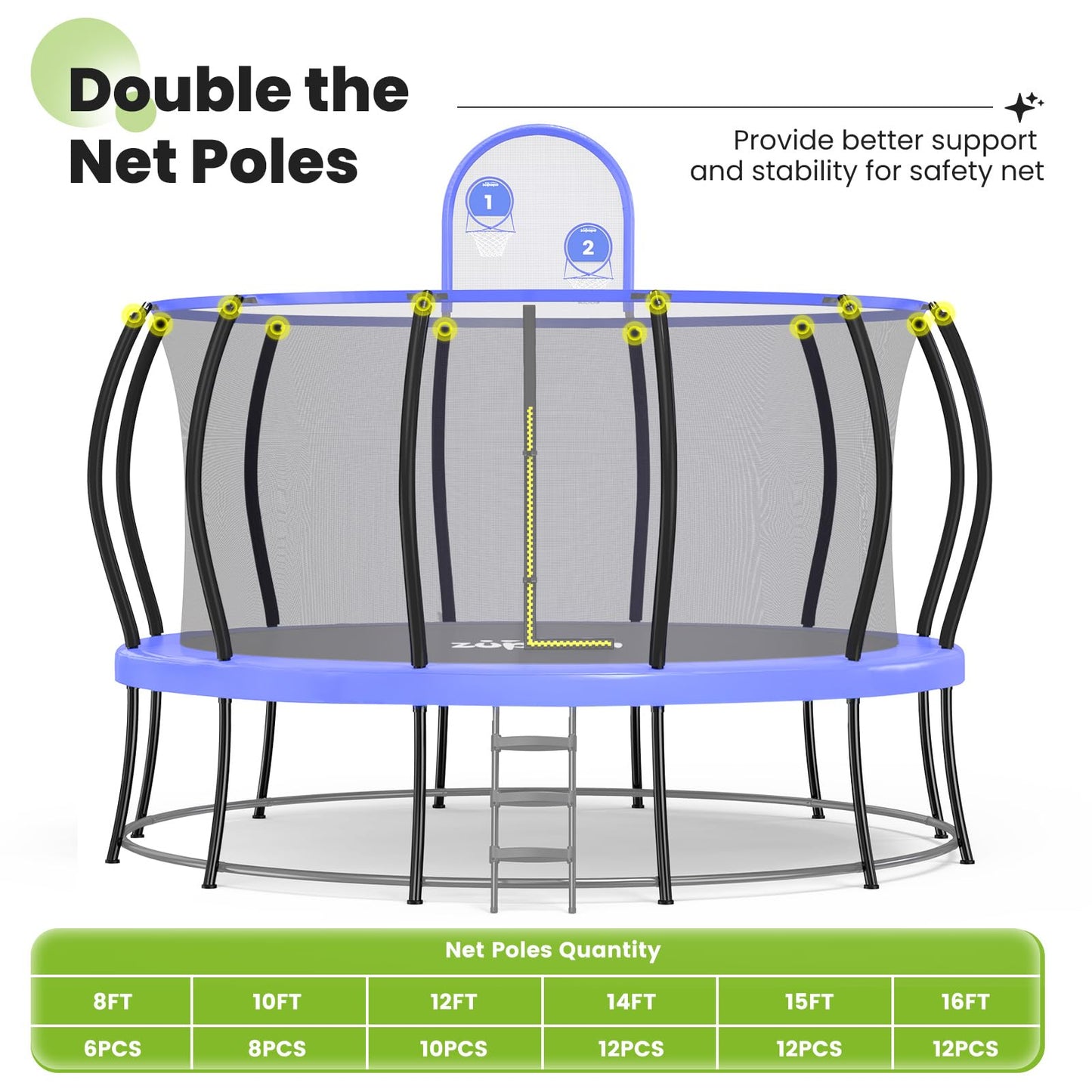 Zupapa 1800LBS Capacity No-Gap Design 16 15 14 12 10FT Trampoline with Safety Enclosure Net and Non-Slip Ladder 10-Year Quality Assurance Perfect for Kids Family Outdoor Backyard Fun