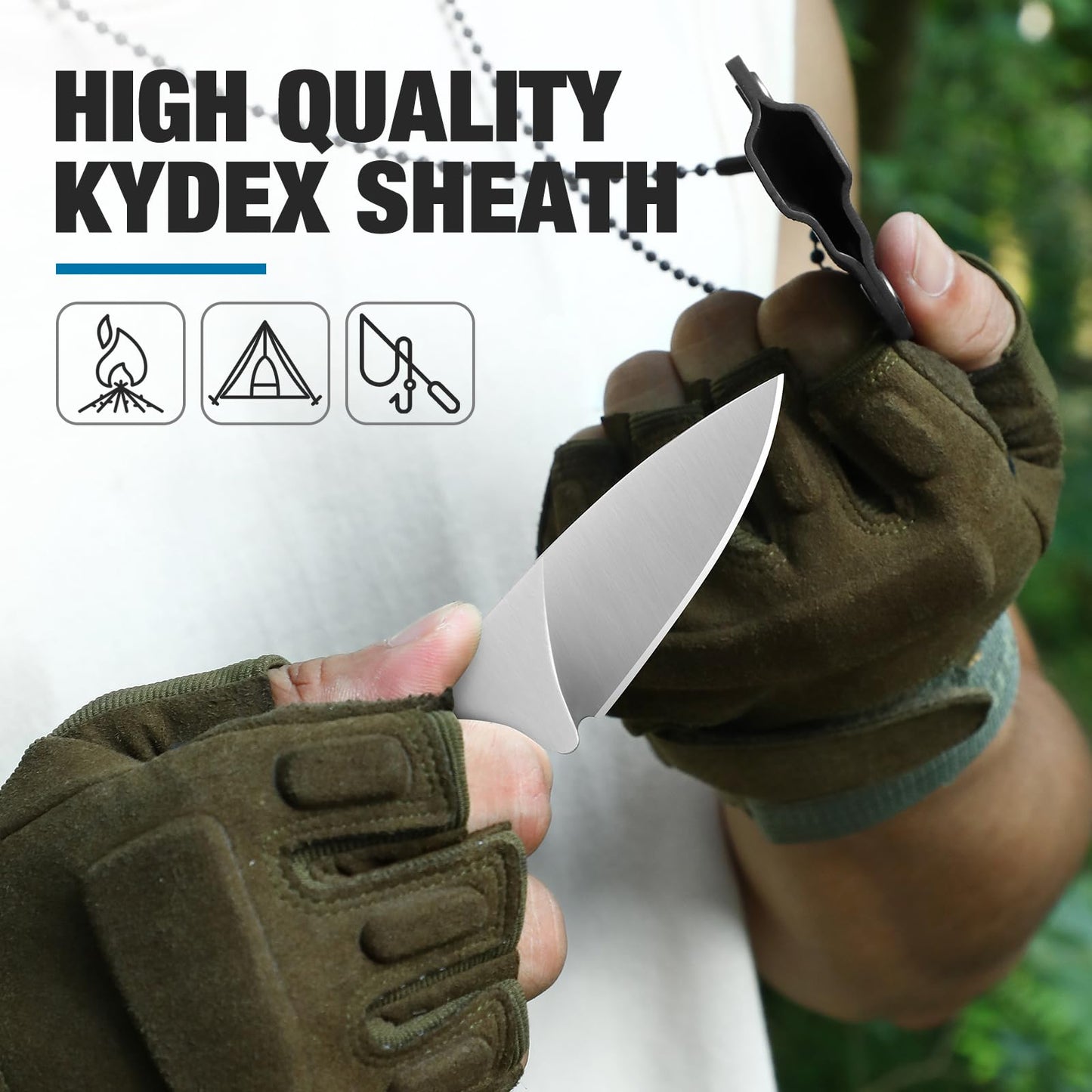 Omesio Compact Neck Knife With Clip, 5.82" With Sheath and Necklace, D2 Steel 2.99-Inch Blade, Full Tang G10 Handle, Fixed Blade for EDC, Hiking, Camping