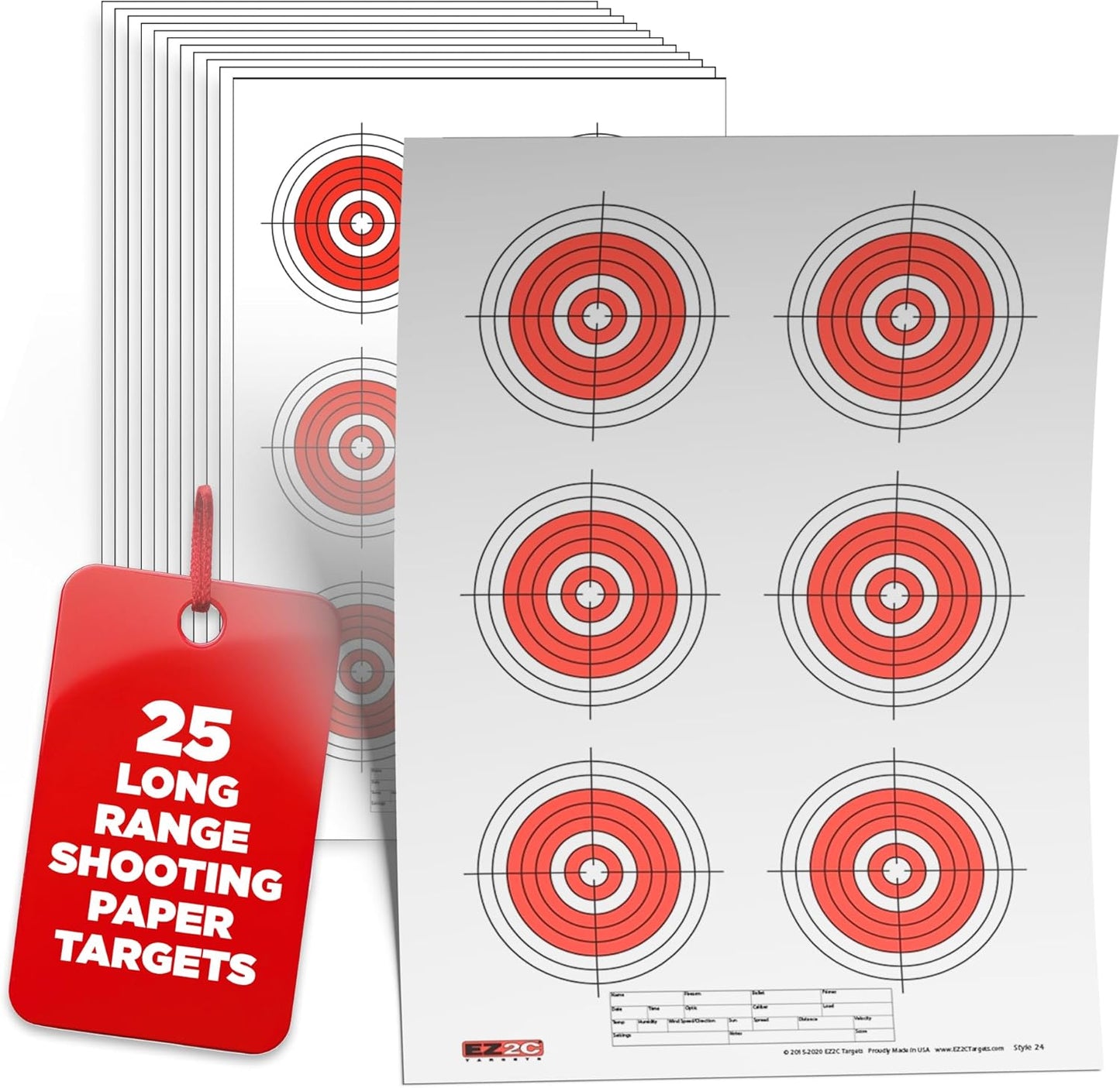 25, 50, 75 Yard Rifle Targets (25 Pack), Long Range Shooting Paper Targets (100 yd), Bullseye Target Style, High Visibility Firearms, Pistol, Airsoft and BB Gun Rifles Target 11" x 17"