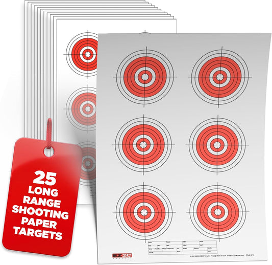 25, 50, 75 Yard Rifle Targets (25 Pack), Long Range Shooting Paper Targets (100 yd), Bullseye Target Style, High Visibility Firearms, Pistol, Airsoft and BB Gun Rifles Target 11" x 17"
