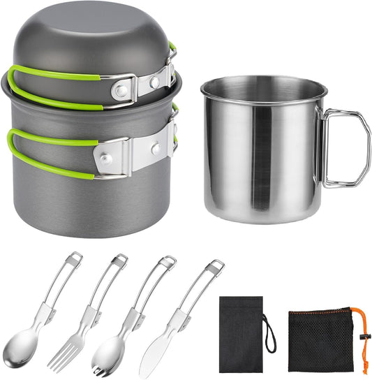 Camping Cookware Mess Kit for 1 People,ISFORU Camping Non-Stick Cooking Set Include Backpack Pot and Pan Set with 304 Stainless Steel Cup and Utensil Set for Traveling Trekking and Hiking