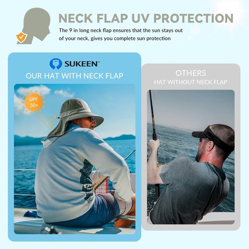 Sukeen Cooling Sun Hat for Men Women UPF50+ Wide Brim Fishing Hat with Neck Flap Adjustable Foldable Bucket Hat for Hiking Grey