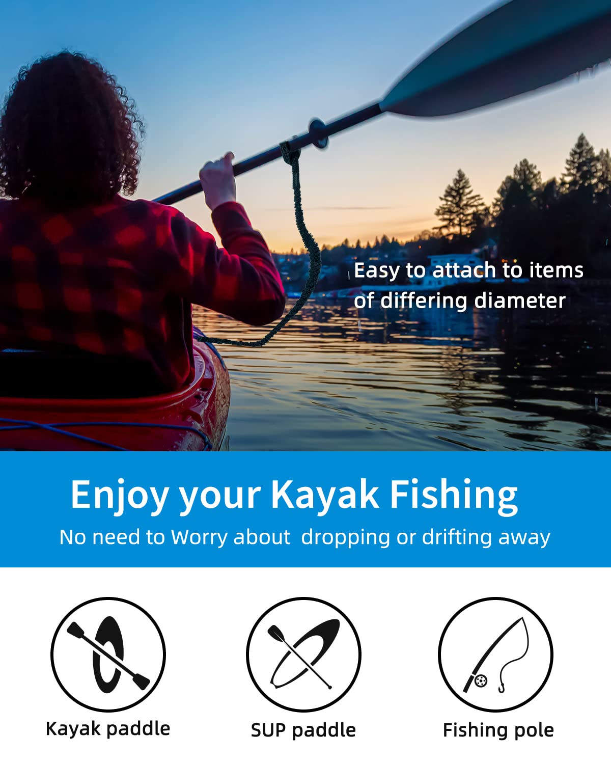 OCEANBROAD Kayak Paddle Leash with D-Ring Stretchable Bungee Strap Lanyard Rope for SUP Kayaking Boating Canoeing Fishing Pole Rod 4-7 Feet Black 4 Pack
