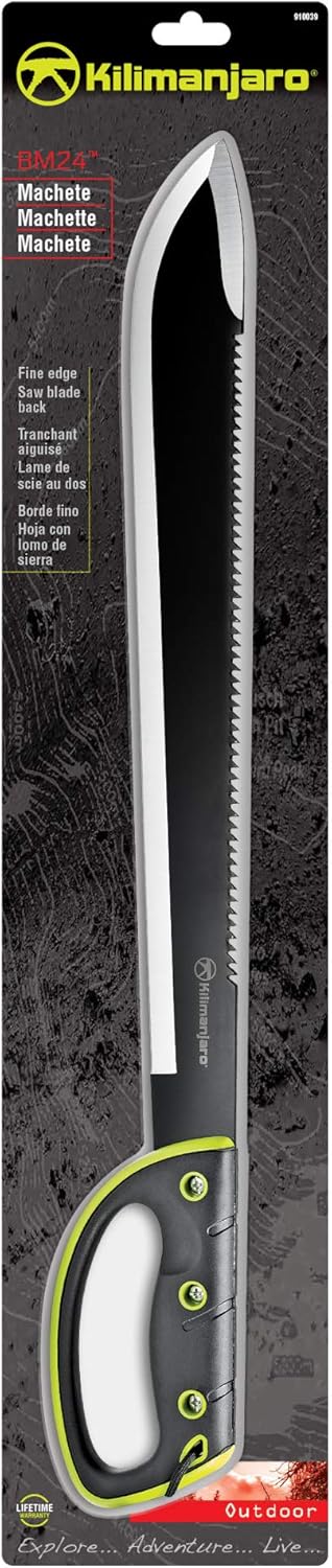 Kilimanjaro 24 Inch Machete Serrated Knife, Drop Point Tip to Saw Cut Branches, Clearing Brush, Gardening, Hiking, Outdoors Black Finish 910039