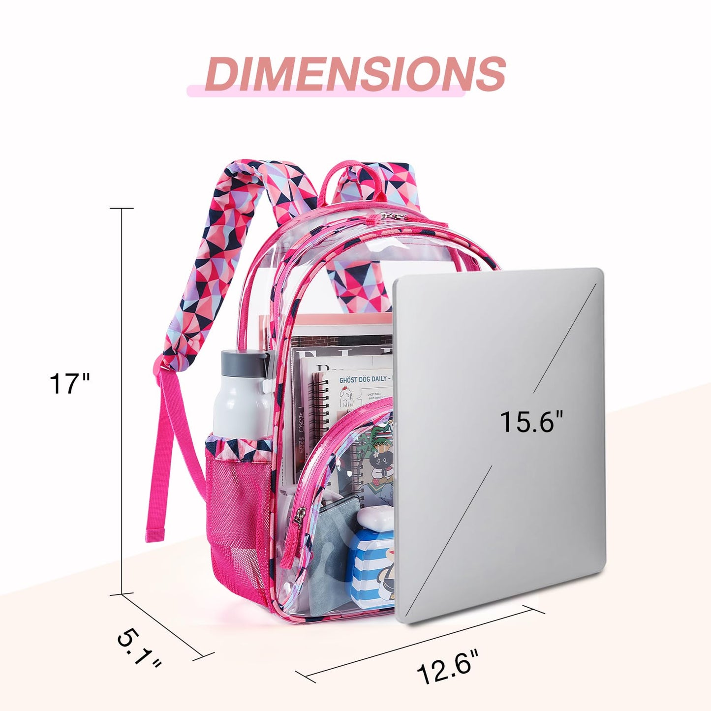 LIGHT FLIGHT Large Clear Backpack with Reinforced Padded Straps Heavy Duty PVC Transparent Backpack See Through Bookbags for Work,Travel,pink