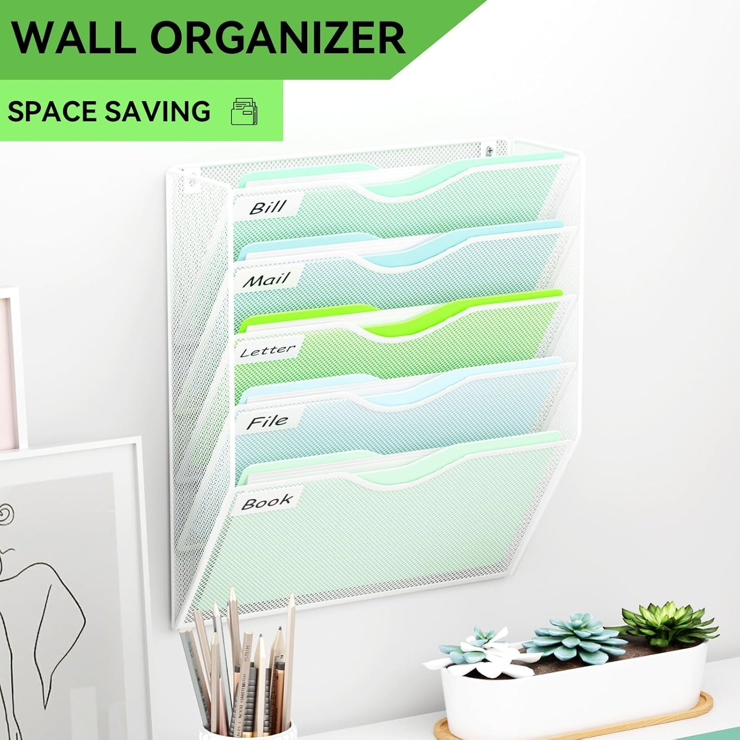 5 Pockets Mesh Hanging Wall File Holder Organizer Wall Mounted Paper Magazine Rack, Black