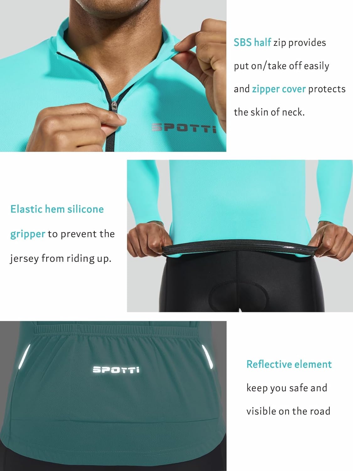 Spotti Men's Cycling Bike Jersey Long Sleeve with 3 Rear Pockets - Moisture Wicking, Breathable, Quick Dry Biking Shirt