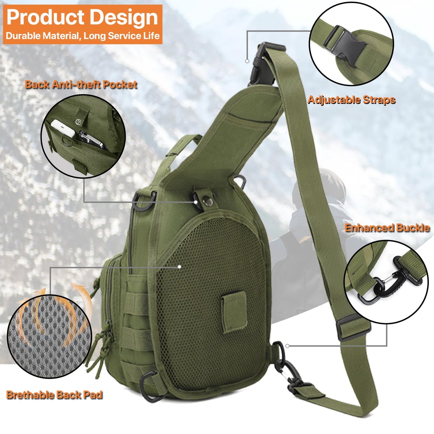 ABCAMO Tactical Sling Bag for Men, Small Crossbody Bag Chest Holster, EDC Shoulder Bag, Green