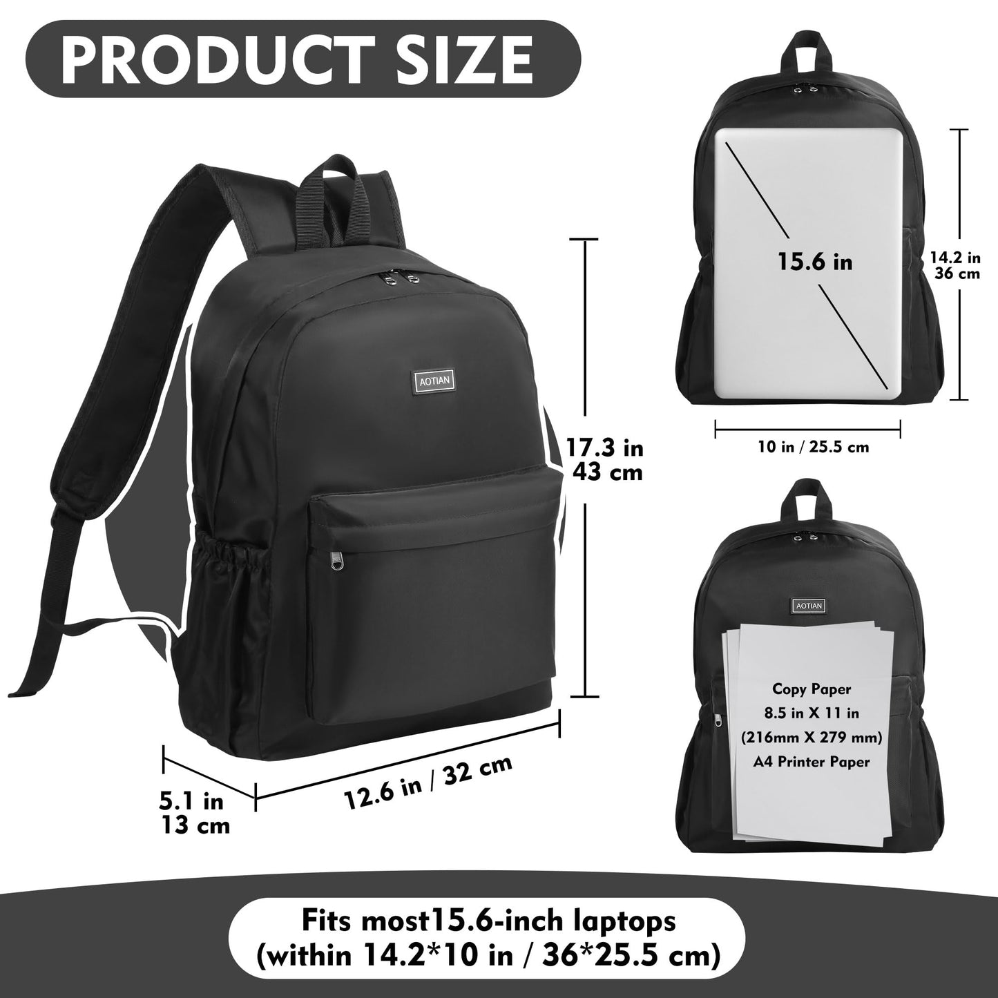 AOTIAN 17-Inch Backpack for Adult, Durable Lightweight Bookbag for Boys & Girls, Daypack for College, Work, Travel & Hiking