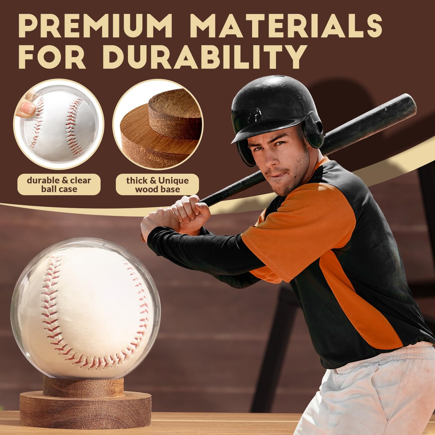 JupDec Baseball Display Case, Round Clear Ball Holder with Wooden Base, Autograph Baseball Stand Box for Single Ball, Acacia Wood, Brown