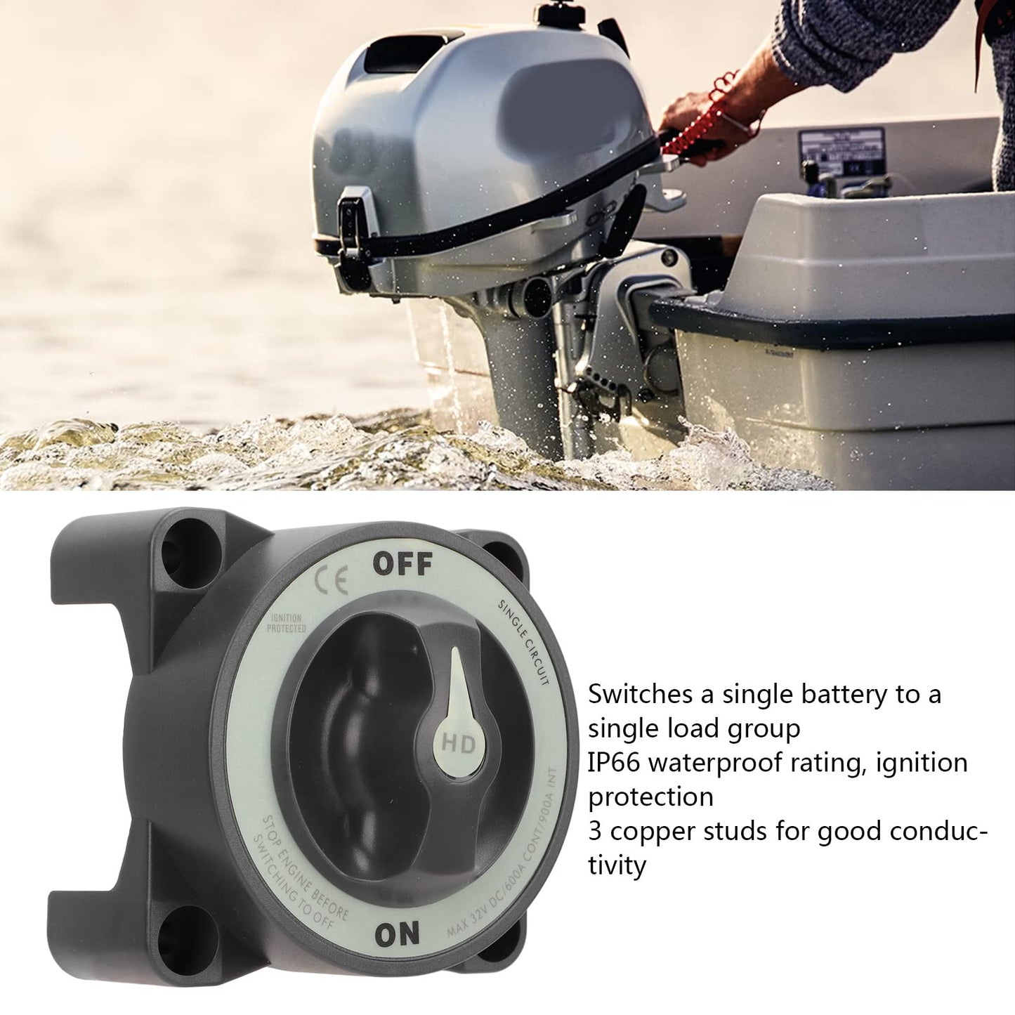 600A Master Battery Power Cut Disconnect Switch Isolator Single Circuit ON Off IP66 3 Studs for RV Gasoline Powered Boat Marine