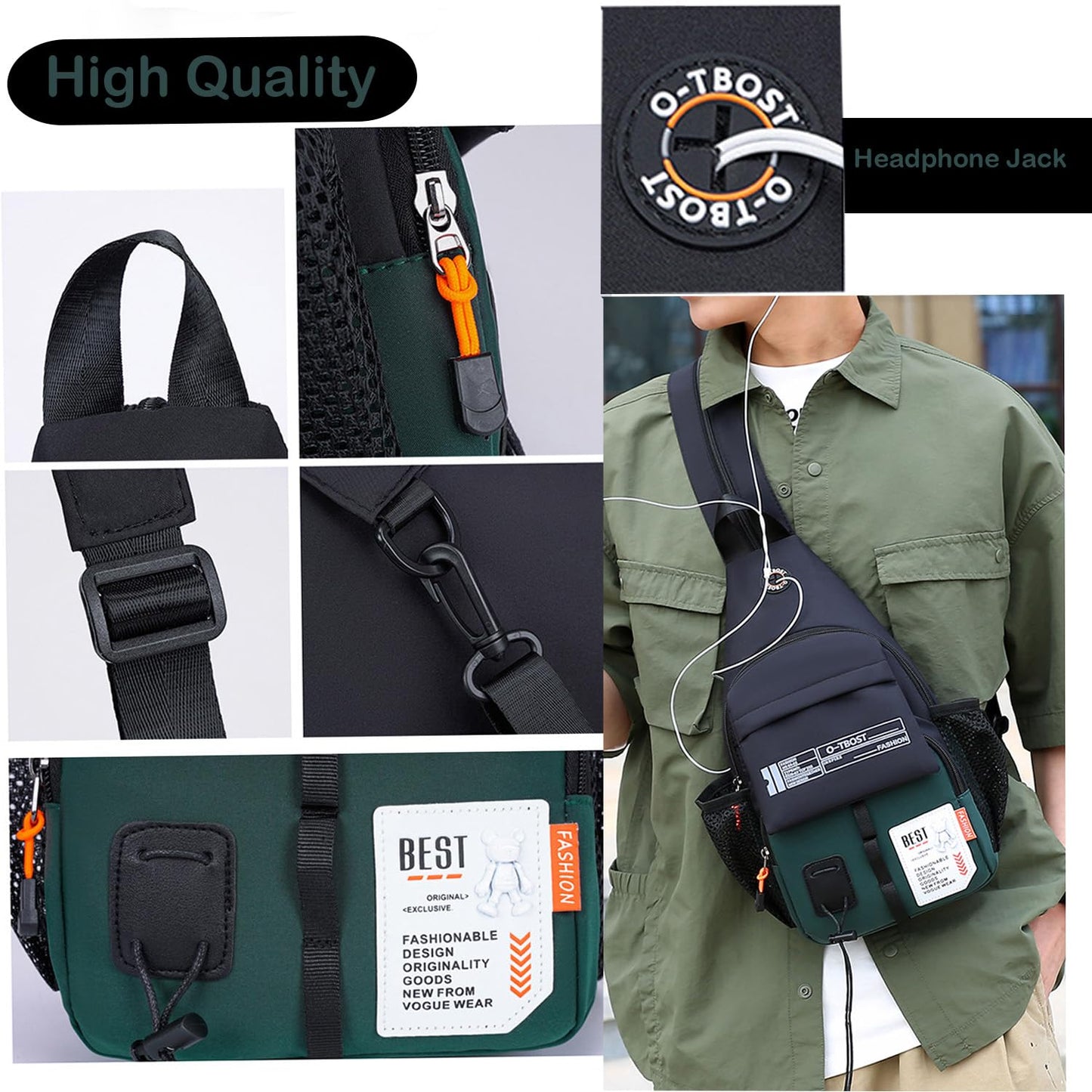 JENAGREEN Waterproof Sling Backpack Crossbody Shoulder Bag for Women Men, Crossbody Bag Casual Daypack Travel Hiking Adjustable Chest Bag