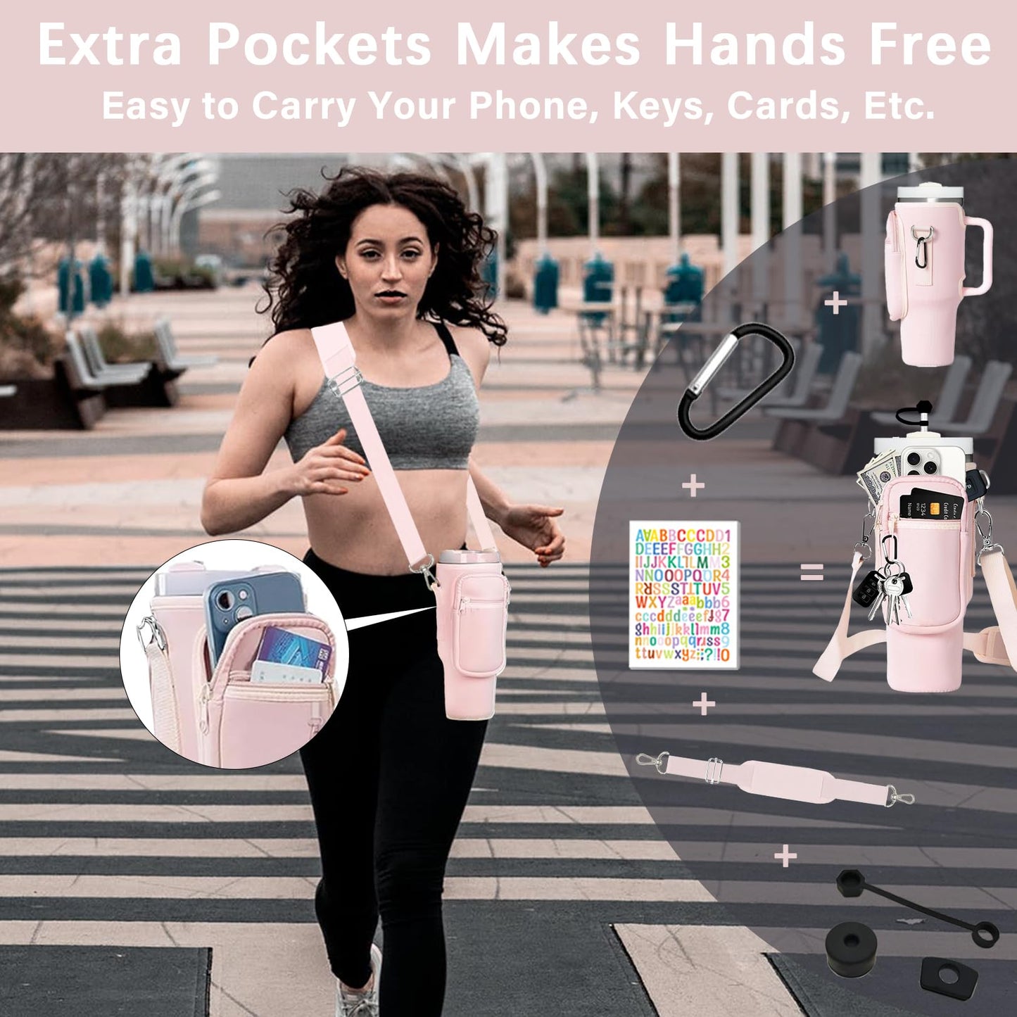 Adoryoung Cup Carrier Holder Bag with Stanley Strap, Metal Hook Loop, Stickers Cup Cover Tumbler Accessories for 40 oz Stanley, Water Bottle Pouch Holder Sling Crossbody Bag with Strap Walking (Pink)