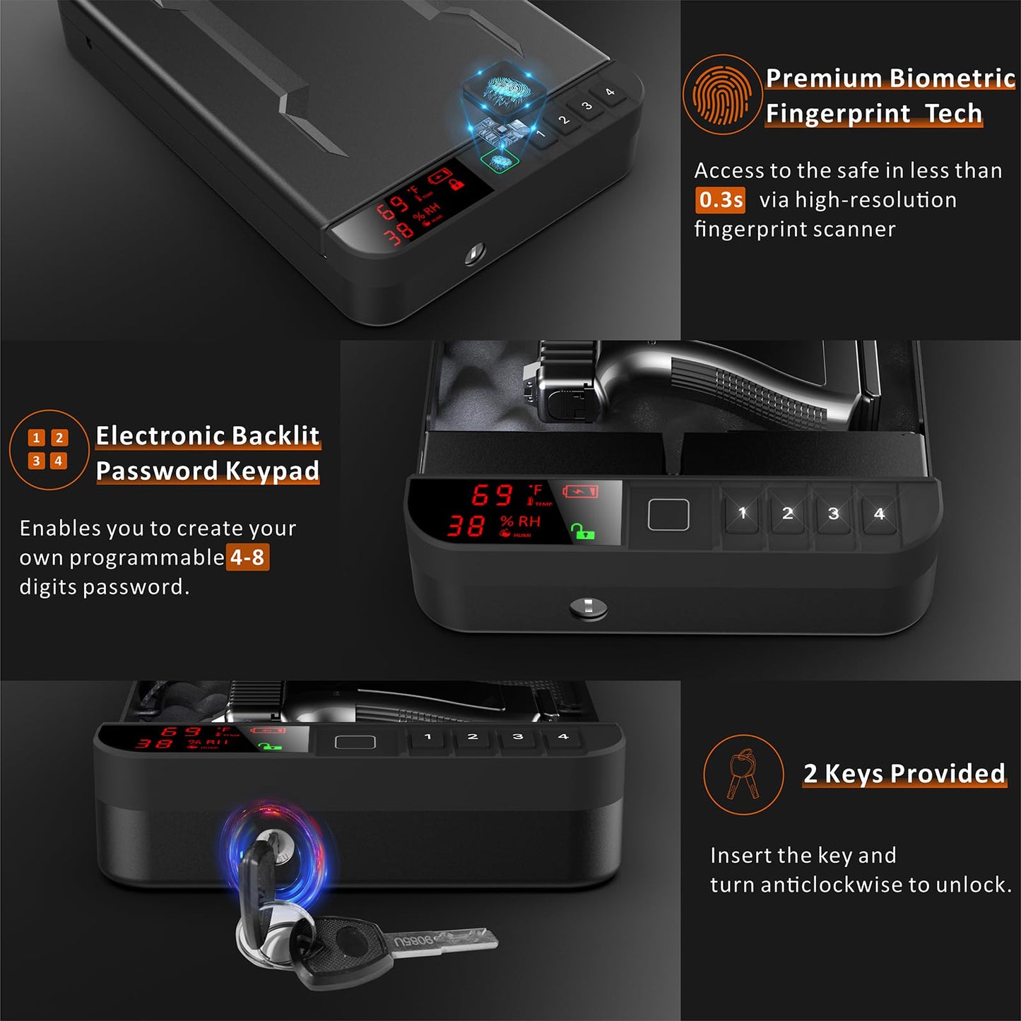 Z ZLJUAN Portable Gun Pistol Safe with LCD Display of Temp,Humidity,Biometric Fingerprint,Keypad Lock,Key,Biometric Handgun Safe for Travel/Home/Car/Nightstand Beside (Black)