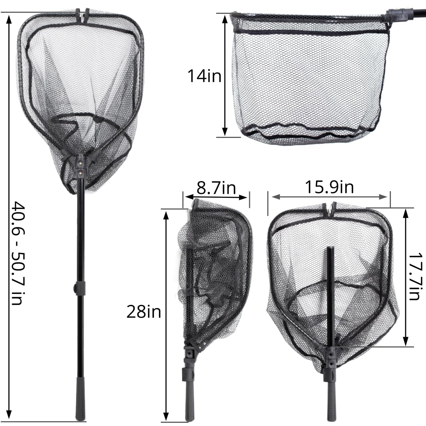 Fishing Net with Telescopic Handle,Durable Landing Net for Freshwater & Saltwater, Foldable Fishing Nets for Fish, 20 lbs Capacity, Rubber Coated Netting, Length 50.7″, Hoop 17.7″ x 15.9″, Depth 14″