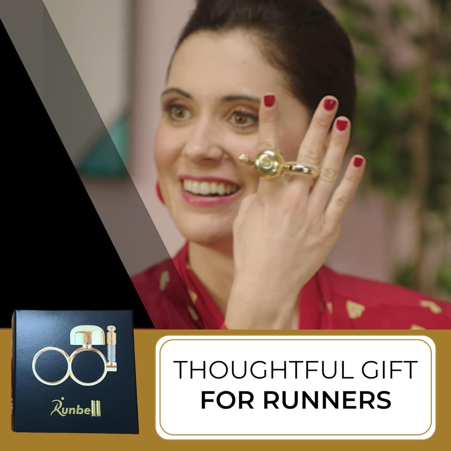 Handheld Running Bell, Wearable Runners Bell for Joggers and Marathoners Alerts Pedestrians to Move Over, Loud Resonant Brass Bell and Hammer on Aluminum Body with Silicone Finger Sizers