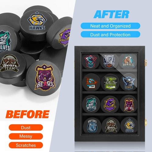 ULTRGEE Hockey Display Case - 12 Pucks, Holder Cabinet Stand Shadow Box for Wall Mount, Removable Shelves, Acrylic Panel - Gift for Collectors