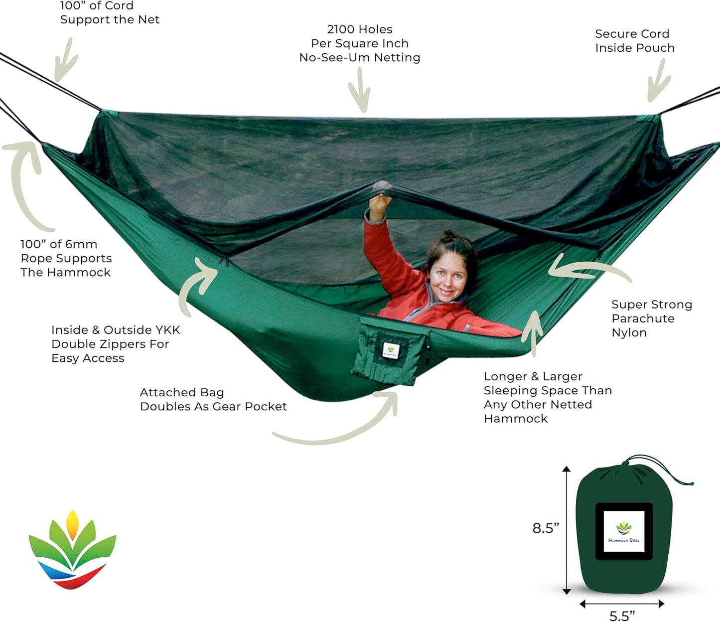 Hammock with Mosquito Net - Fully Reversible Bug Free Hammock Tent, Extra Large Sleeping Space, Bug Proof Netting & Suspension - Change The Way You Camp with Hammock Bliss Quality - No-See-Um No More