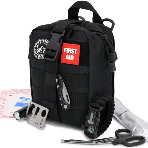 The Brazos First Aid Survival Kit, 250 Pieces, Hiking & Camping Essentials, Survival Gear and First Aid Combo for Emergency Preparedness, Lightweight, Portable, Tactical Clips & Closures, Black