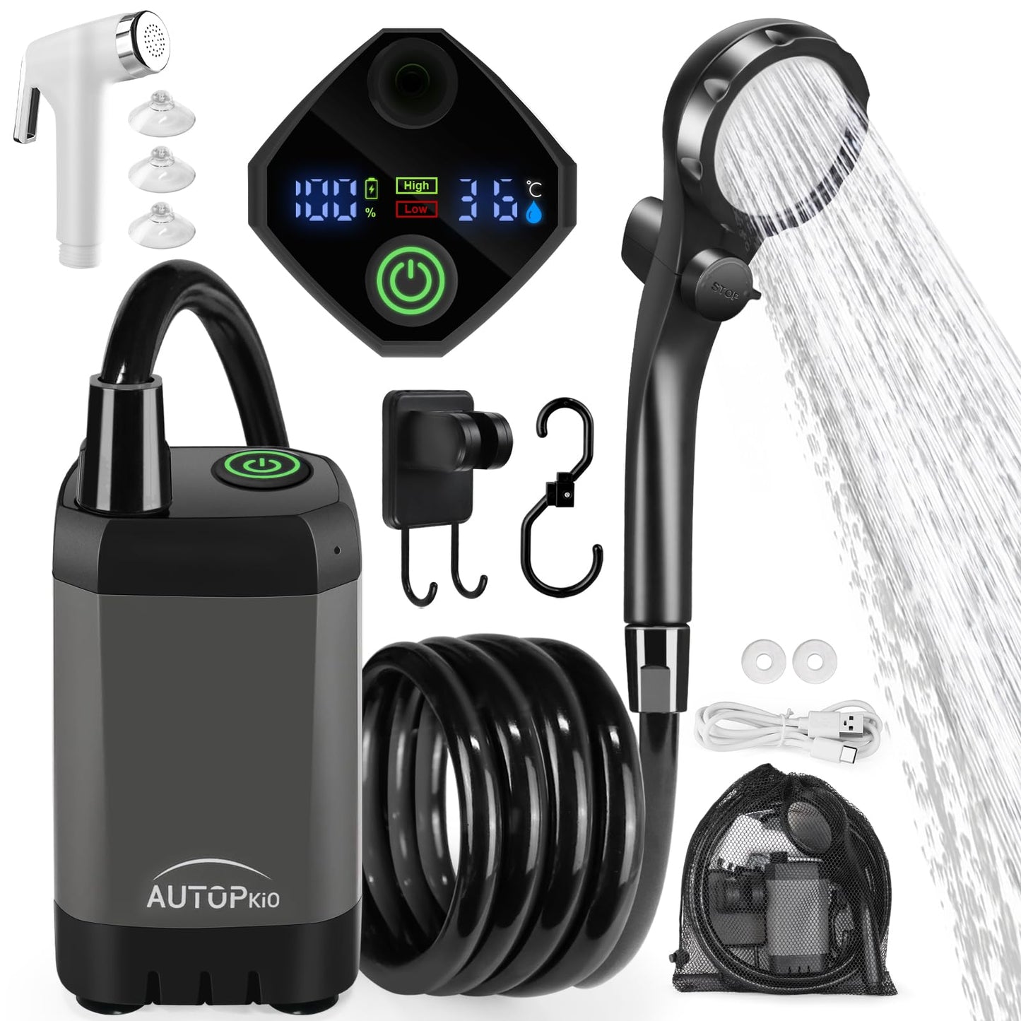 AUTOPkio Portable Camping Shower, 6000mAh Rechargeable Camp Shower Pump with USB Cable & Electric Outdoor Shower Head Sprayer for Camping, Hiking, Pet Bathing, Washing