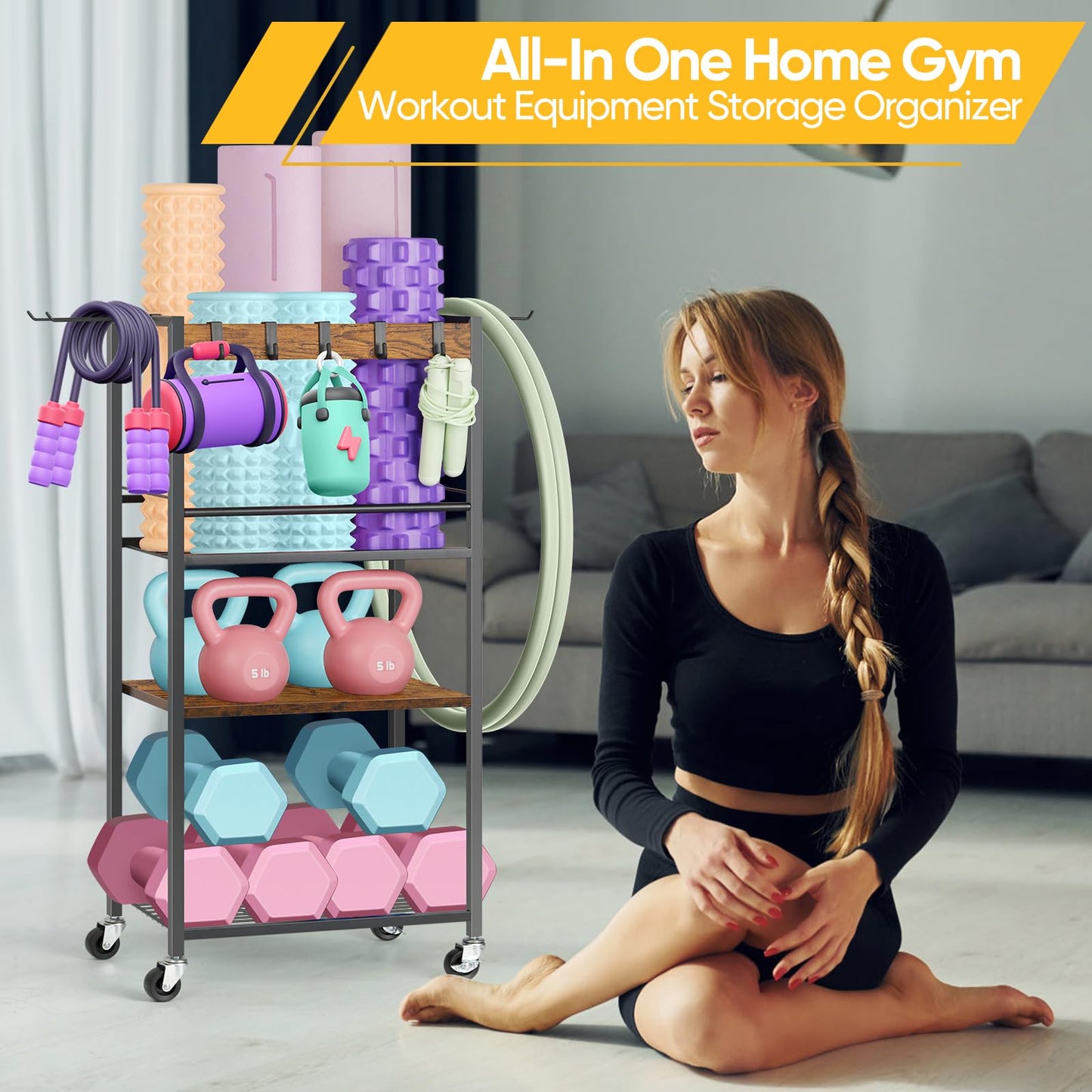 Home Gym Storage Rack, Heavy Duty Yoga Mat Holder Workout Equipment Storage Organizer Weight Rack with Hooks & Wheels for Dumbbells Kettlebells Dumbbell Yoga Block Foam Rollers Yoga Strap Resistance