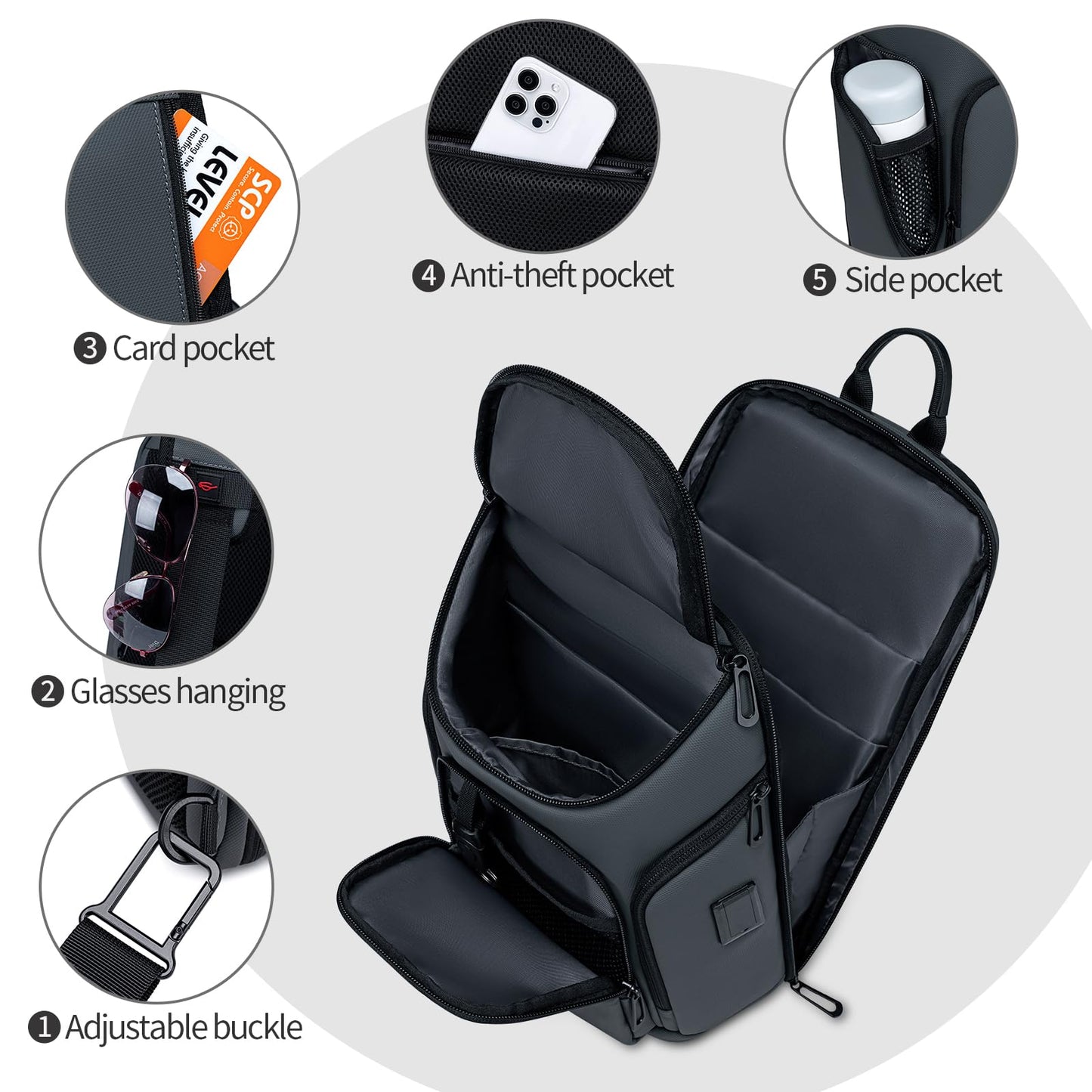 FENRUIEN Grey Sling Bag, Lightweight Crossbody Bag with USB, Sling Backpack Shoulder Chest Pack for Men Casual Rucksack for Daypack/Hiking/Travel/Sports