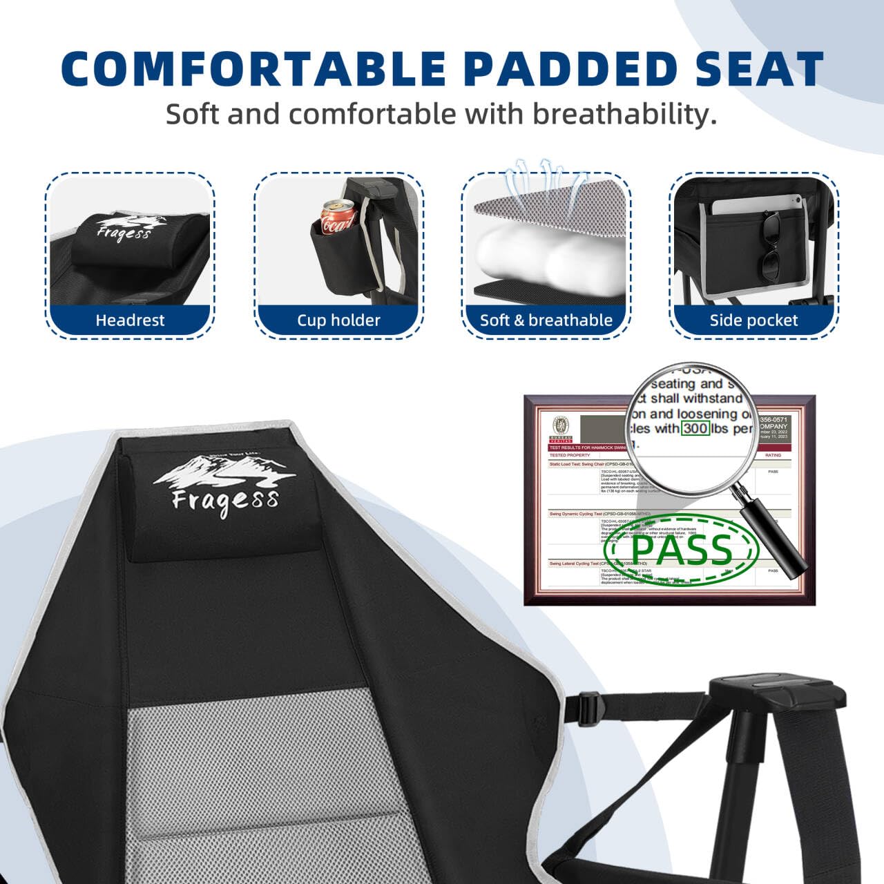 Fragess Portable Hammock Camping Chair with Adjustable Back, Folding Hammock Chair Supports 330lbs, Camping Swing Chair for Adults, Camping Hammock Chair for Lawn, Concerts, Backyard, Stargazer-Black