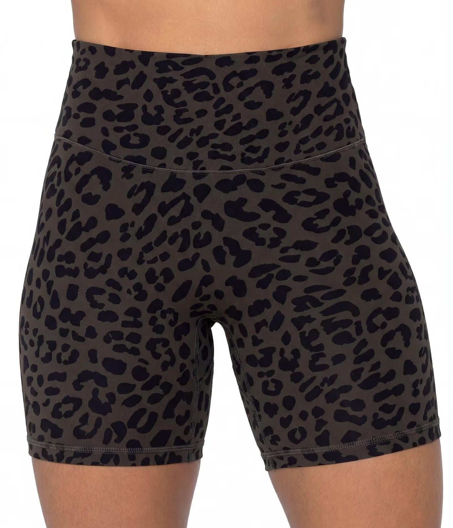 Sunzel 5" Waist Biker Shorts for Women No Front Seam Soft Yoga Workout Gym Bike Shorts Tummy Control Squat Proof Leopard Seal Brown X-Small